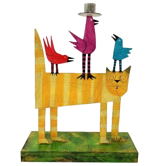 ACME Animal Canada Cat With 3 Birds, one Taper Candle Holder Handcrafted Signed - Picture 6 of 17